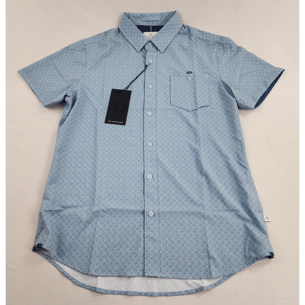 7 Diamonds Lexter Shirt Mens Small Blue Geometric Stretch SMK-7857 Short Sleeve